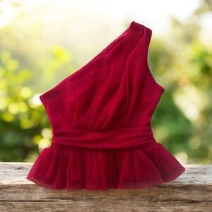 Endless Rose Vibrant Red one shoulder tulle ruffled Top